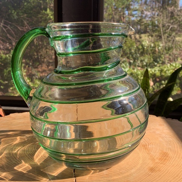 Hand Blown Green Glass Swirl Pitcher - Picture 2 of 5